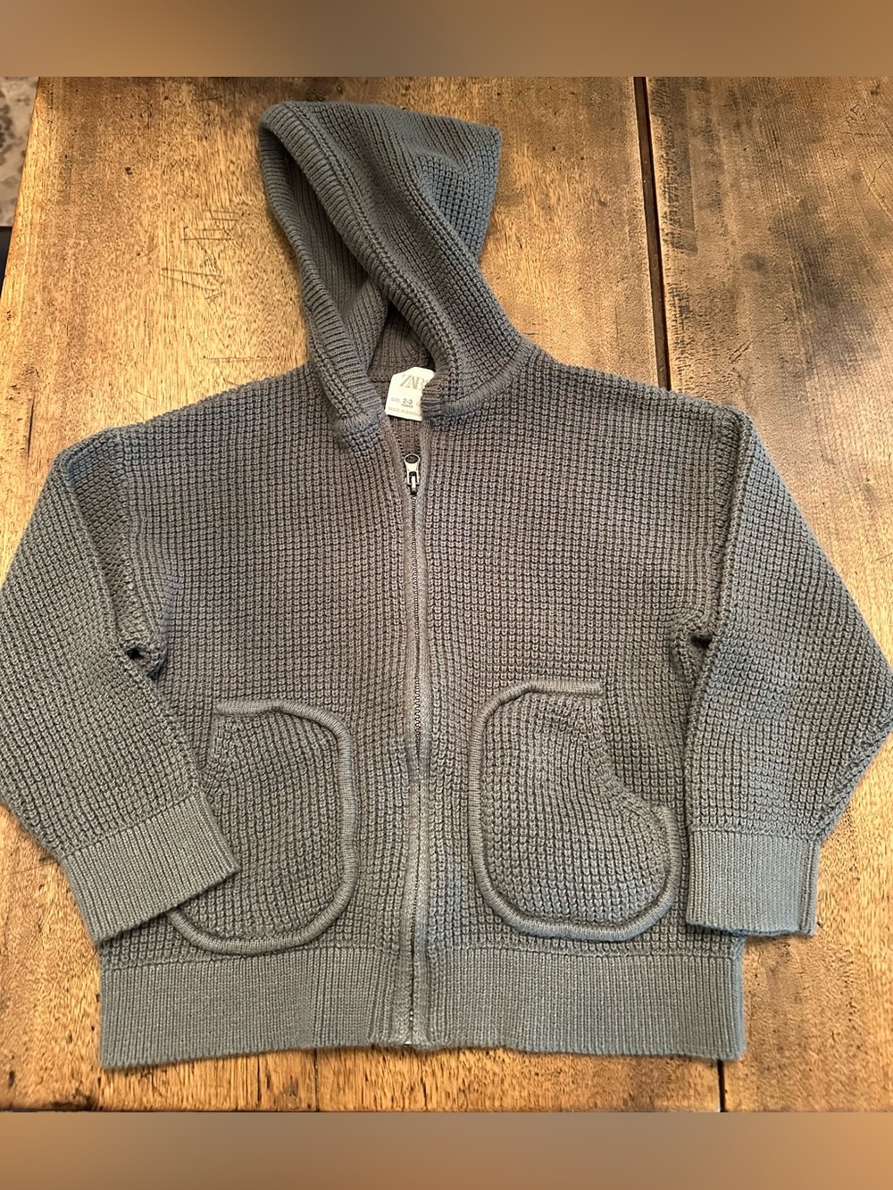 EUC Zara Kids Gray/blue Hooded Knit Zip-Up Sweater 2-3 yrs.